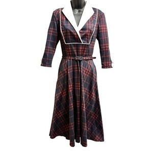 Unique Vintage Navy & Red Plaid Dress Size Small NWT Dark Academia
